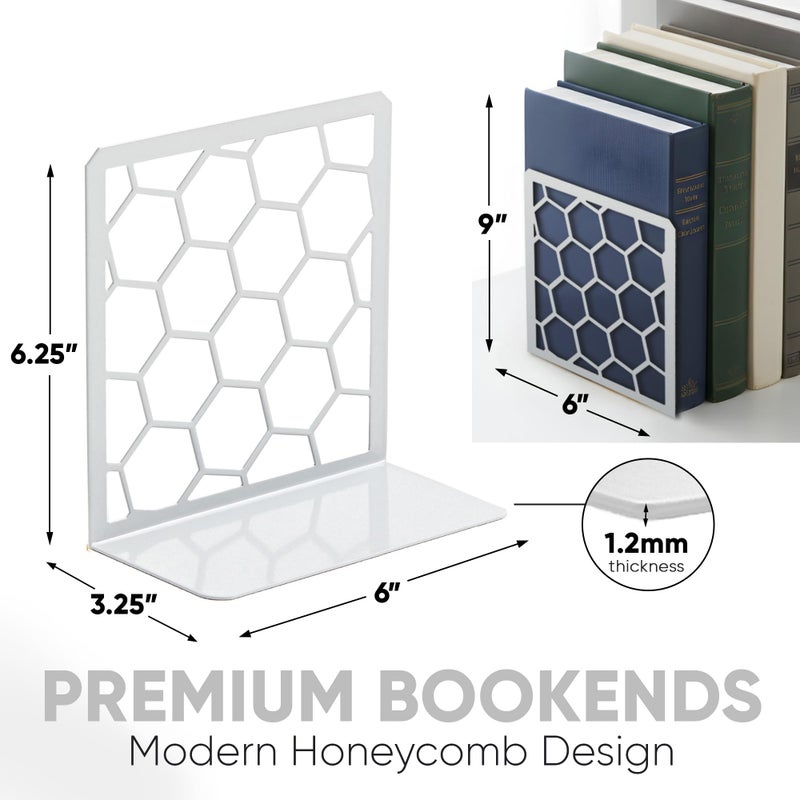 GEOMOD Geometric Honeycomb Gray Metal Bookends Decorative - Tall Sturdy Book Ends for Shelves - Modern Heavy Duty Bookend Stopper - Office or Home Book Shelf Book Holder - 6x3.25x6.25 Inches - 1 Pair - Image 2